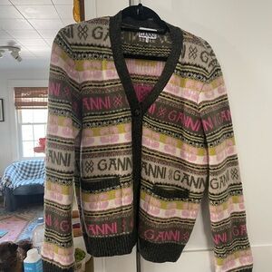 Ganni Pink and Green Patterned Wool Cardigan